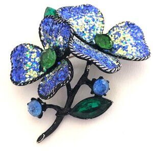 Vintage Designer Crystalized Blue Confetti Black Enameled Flower Brooch